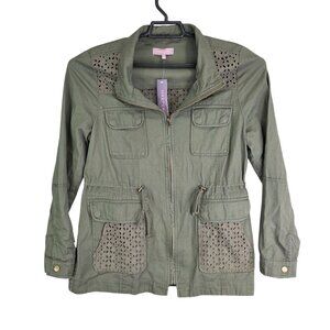 Womens Francescas Harper Olive Green Utility Jacket Lace Cutout Full Zip Size L